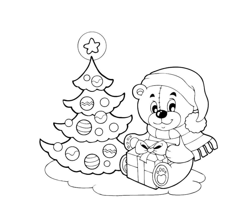 Название: Раскраска Мишка возле елки. Категория: рождество. Теги: елка, подарок, медведь.