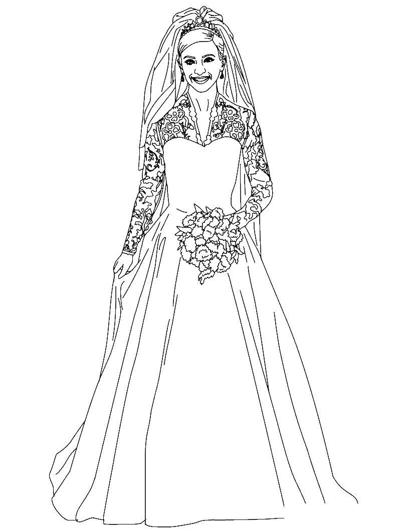 Название: Раскраска Невеста с букетом. Категория: свадебные платья. Теги: невеста, платье, фата, букет.