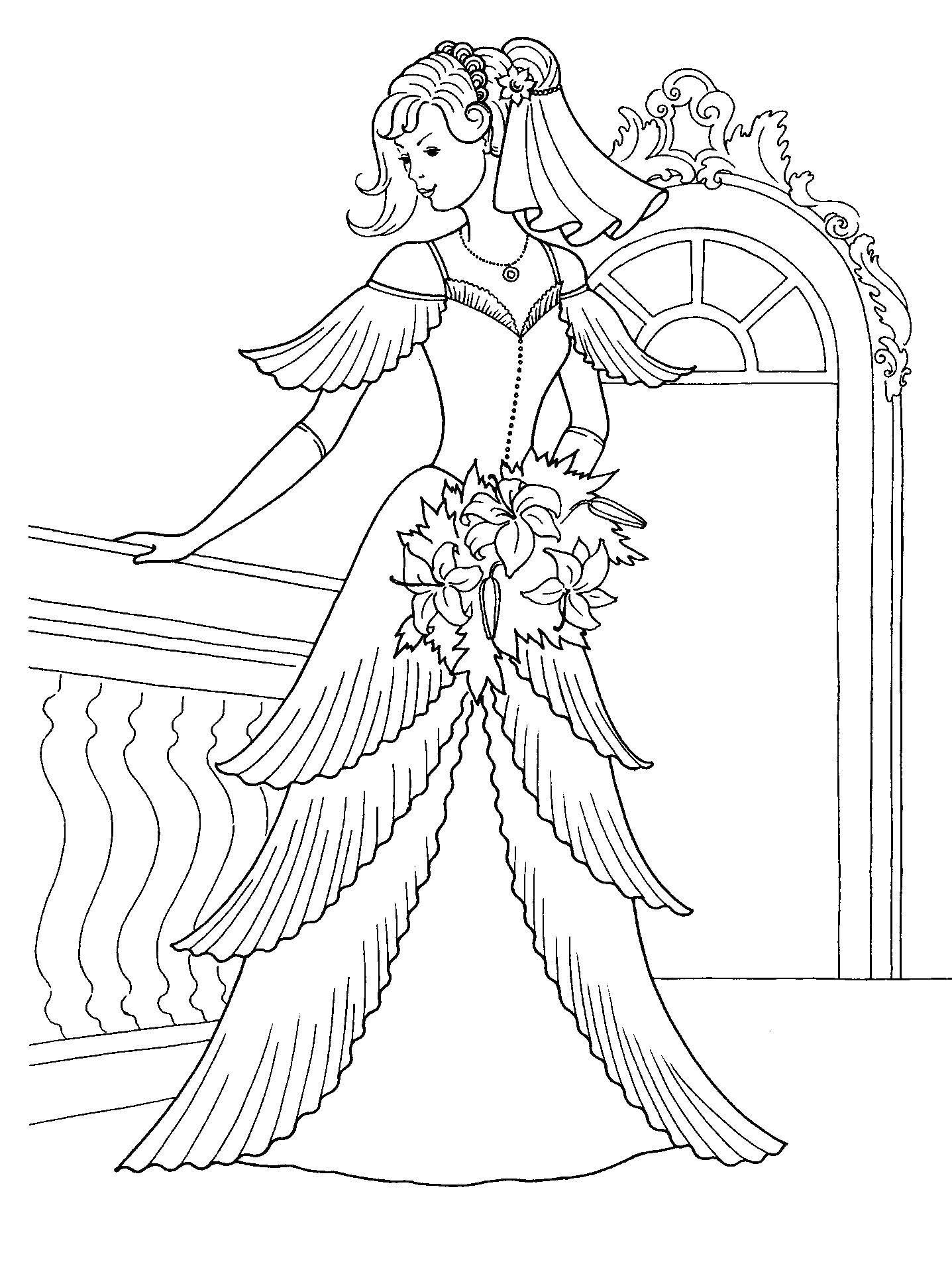 Название: Раскраска Принцесса в платье на балконе. Категория: Платья. Теги: принцесса, балкон, цветы.
