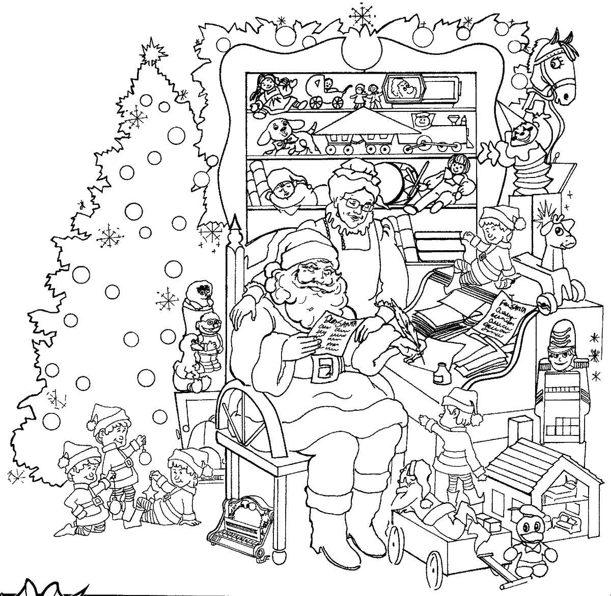 Название: Раскраска Санта клаус читает письма. Категория: рождество. Теги: Санта Клаус, рождество.