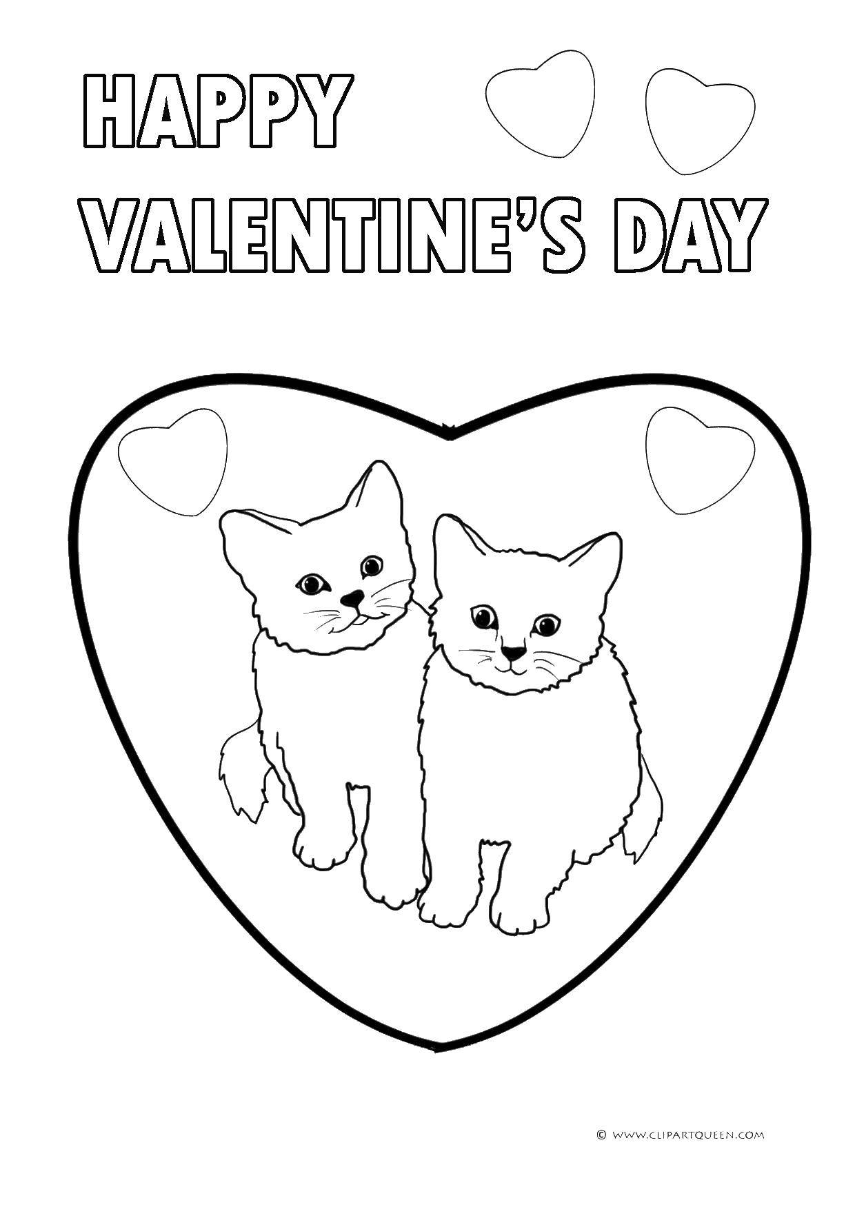 Название: Раскраска Счастливого дня валентина. Категория: День святого валентина. Теги: коты, сердце, день валентина.