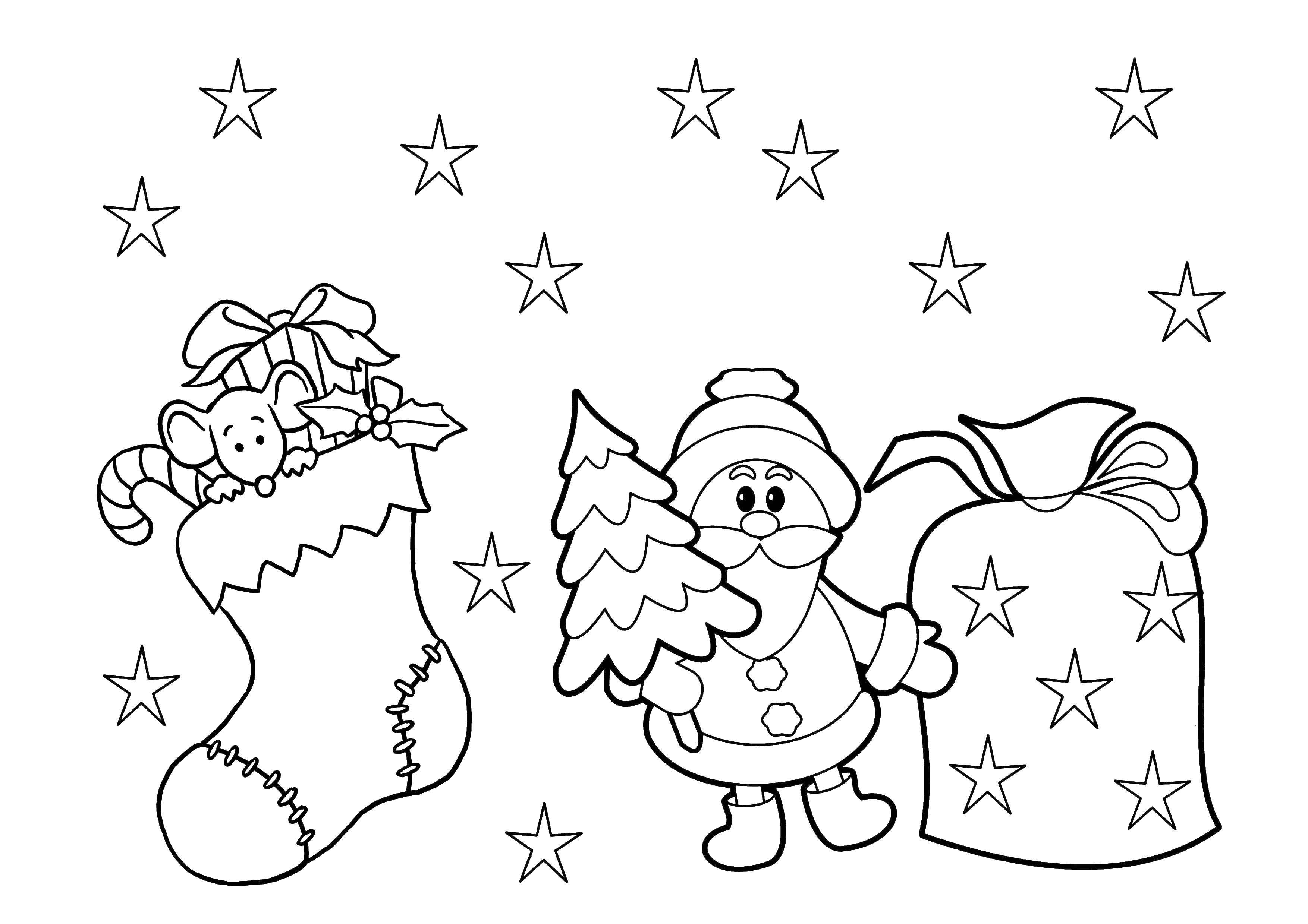 Coloring Santa Claus and bag of gifts. Category Christmas. Tags:  Santa Claus, bag, sock, toys.