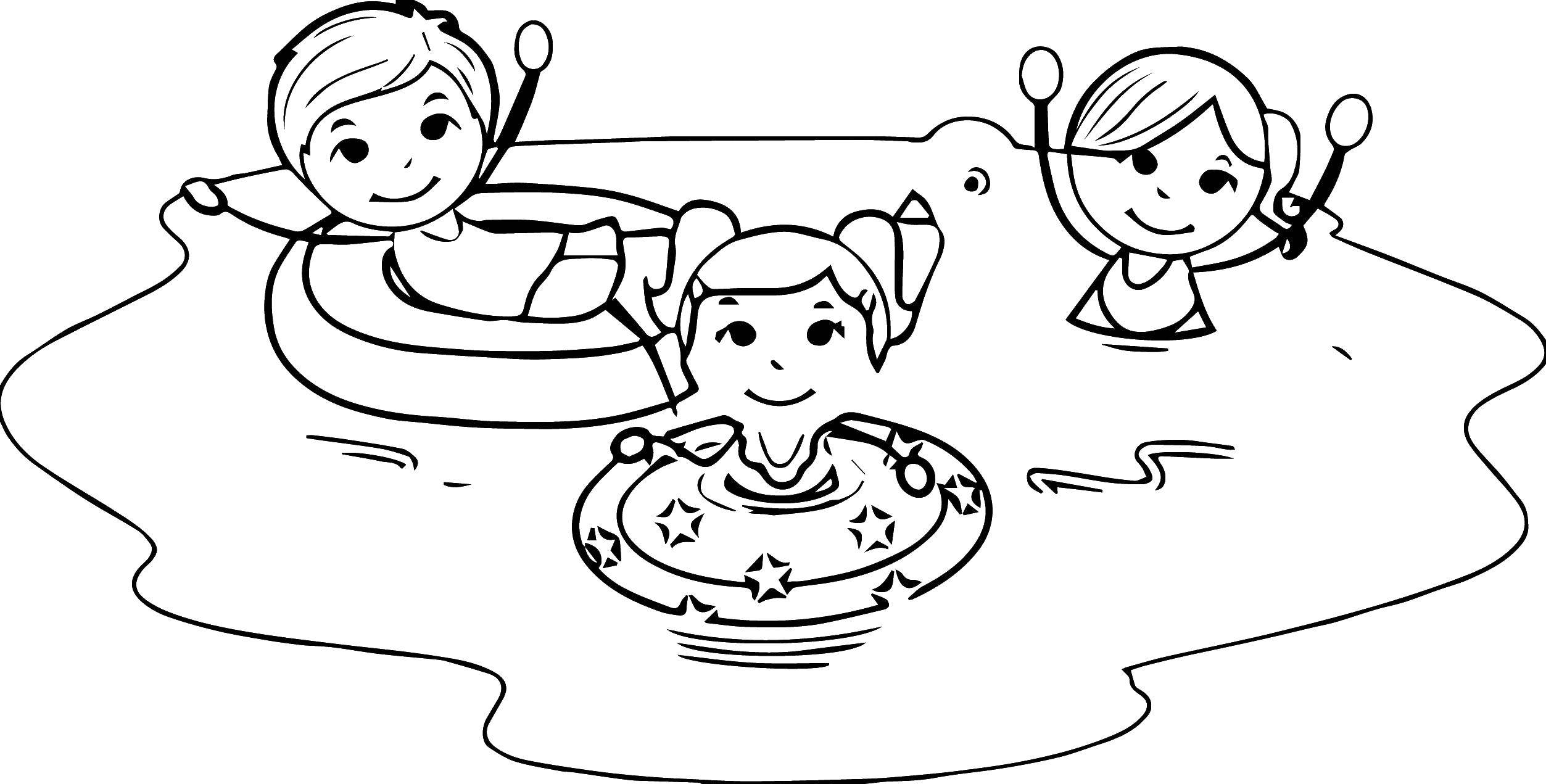 Название: Раскраска Дети в бассейне. Категория: Летние развлечения. Теги: девочка, мальчик, круг, вода.