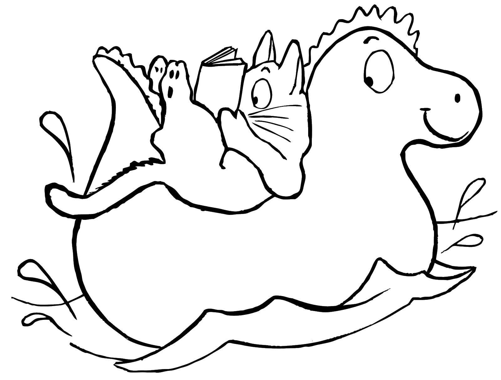 Название: Раскраска Динозавр и кот. Категория: мультики. Теги: кот, книга, динозавр.