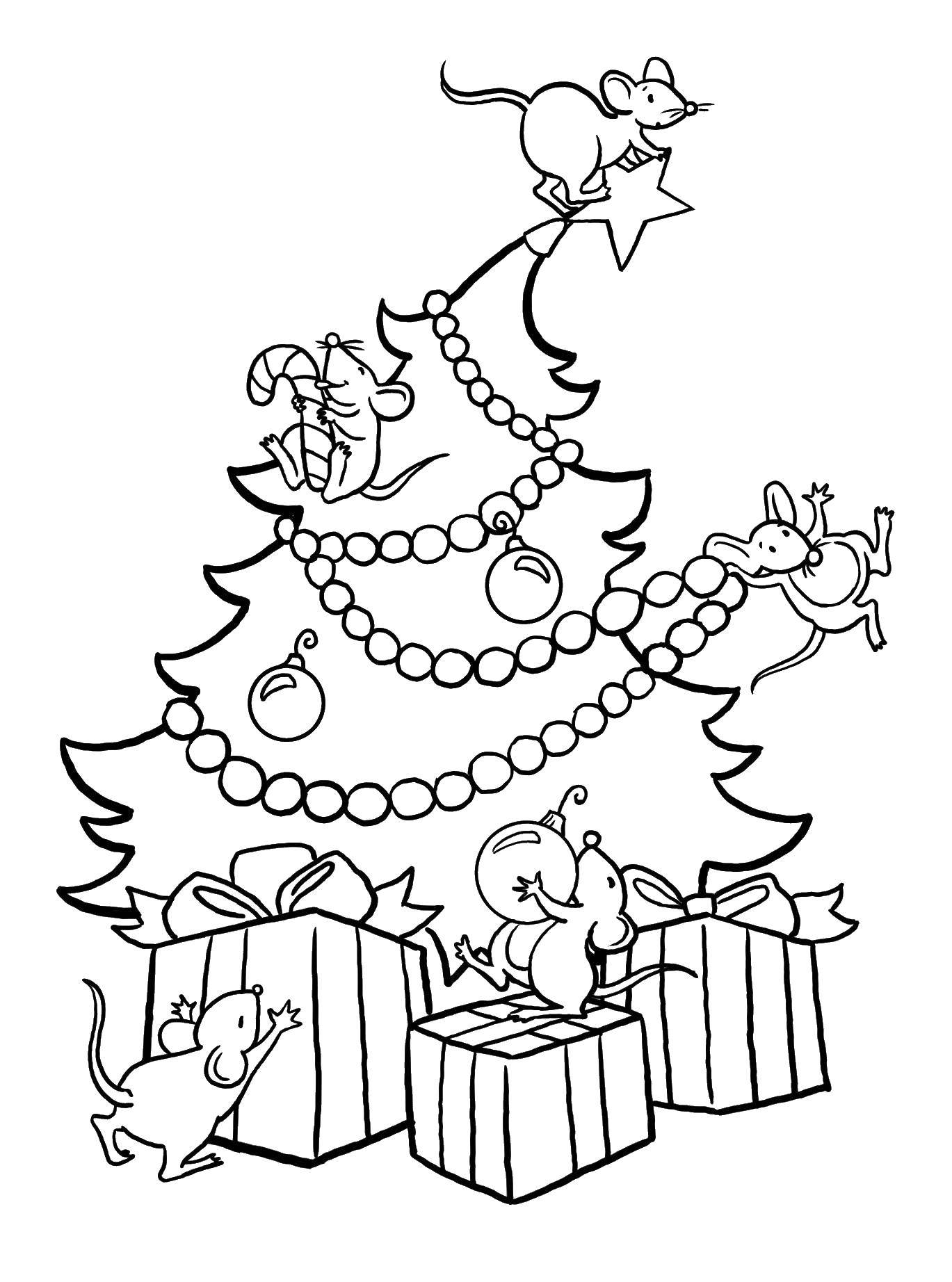 Название: Раскраска Елка с подарками. Категория: рождество. Теги: елка, подарки, мышки.