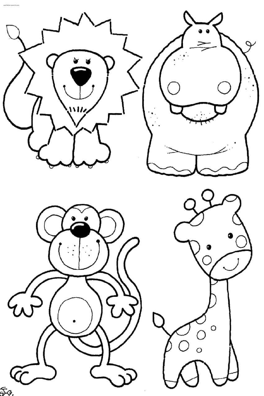 Coloring animals. Category wild animals. Tags:  giraffe, monkey, Hippo, lion.