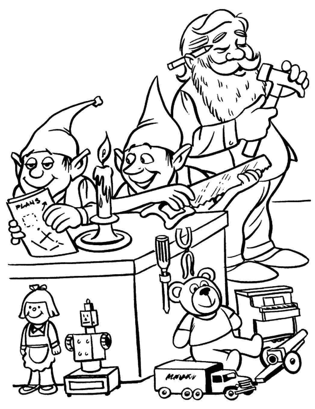 Название: Раскраска Санта клаус и эльфы. Категория: рождество. Теги: санта, эльфы, свечи, игрушки.