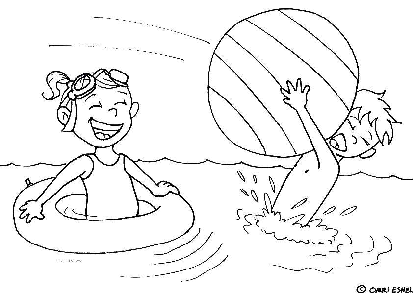 Название: Раскраска Дети играют с мячом в воде. Категория: Летние развлечения. Теги: море, вода, дети, мяч.