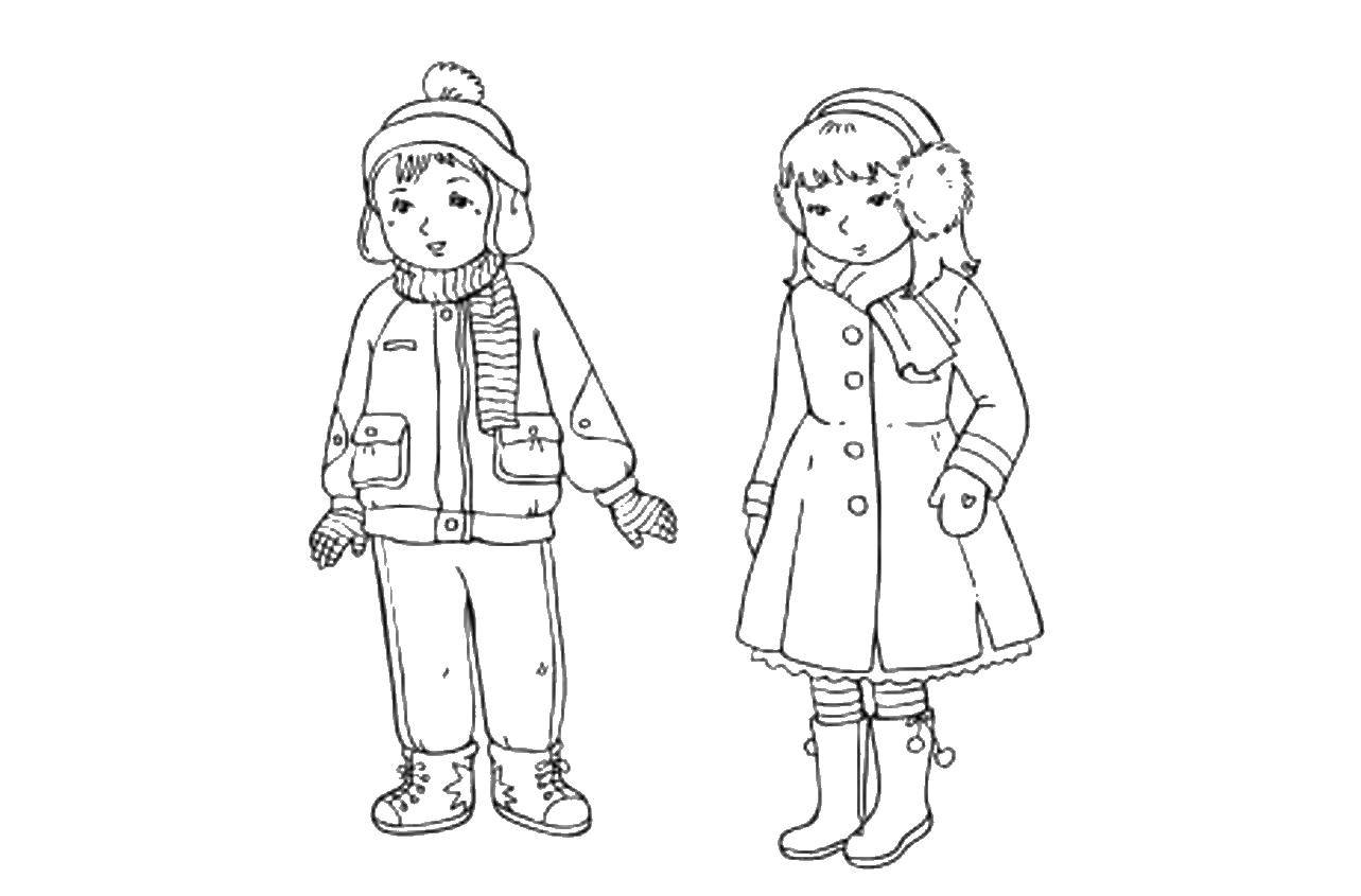Название: Раскраска Дети в зимней одежде. Категория: Одежда. Теги: зима, одежда, дети.