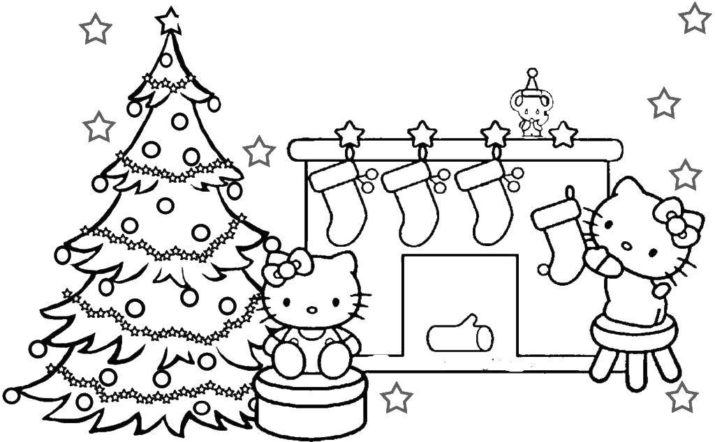 Coloring Kitty decorate the house for Christmas.. Category Christmas. Tags:  Christmas, Christmas toy, Christmas tree, gifts.