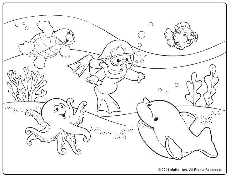 Название: Раскраска Подводный мир. Категория: раскраски. Теги: подводный мир, рыбки, акваланг.