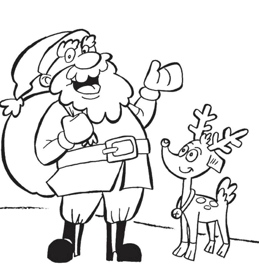 Название: Раскраска Санта клаус с олененком. Категория: рождество. Теги: рождество, ребенок, елка, санта.
