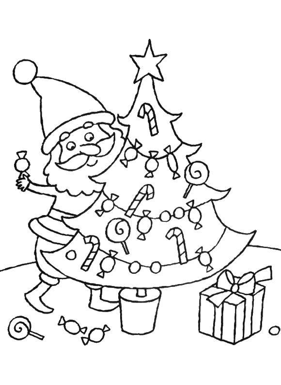 Название: Раскраска Санта украшает ёлочку. Категория: рождество. Теги: Рождество, Санта Клаус, подарки.