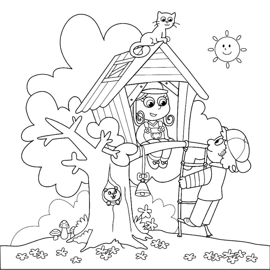 Название: Раскраска Дети играют в домике на дереве. Категория: Летние развлечения. Теги: домик, дерево, дети.