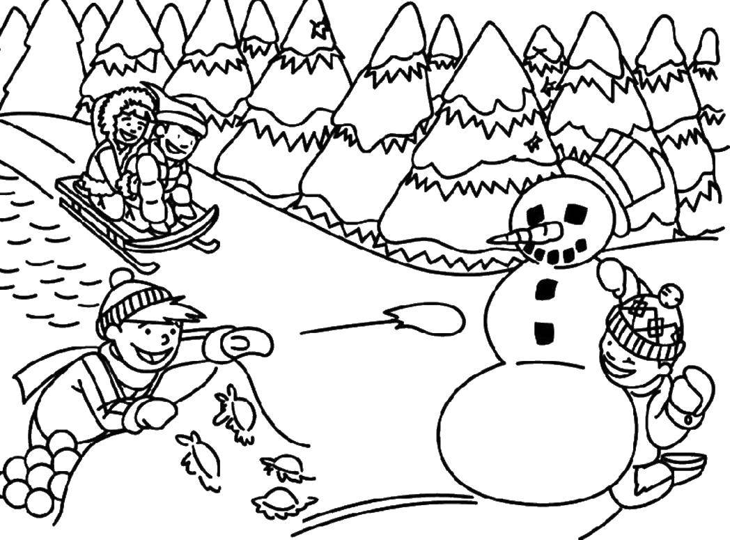 Coloring Children playing in winter. Category winter. Tags:  winter, children, snow, snowman.