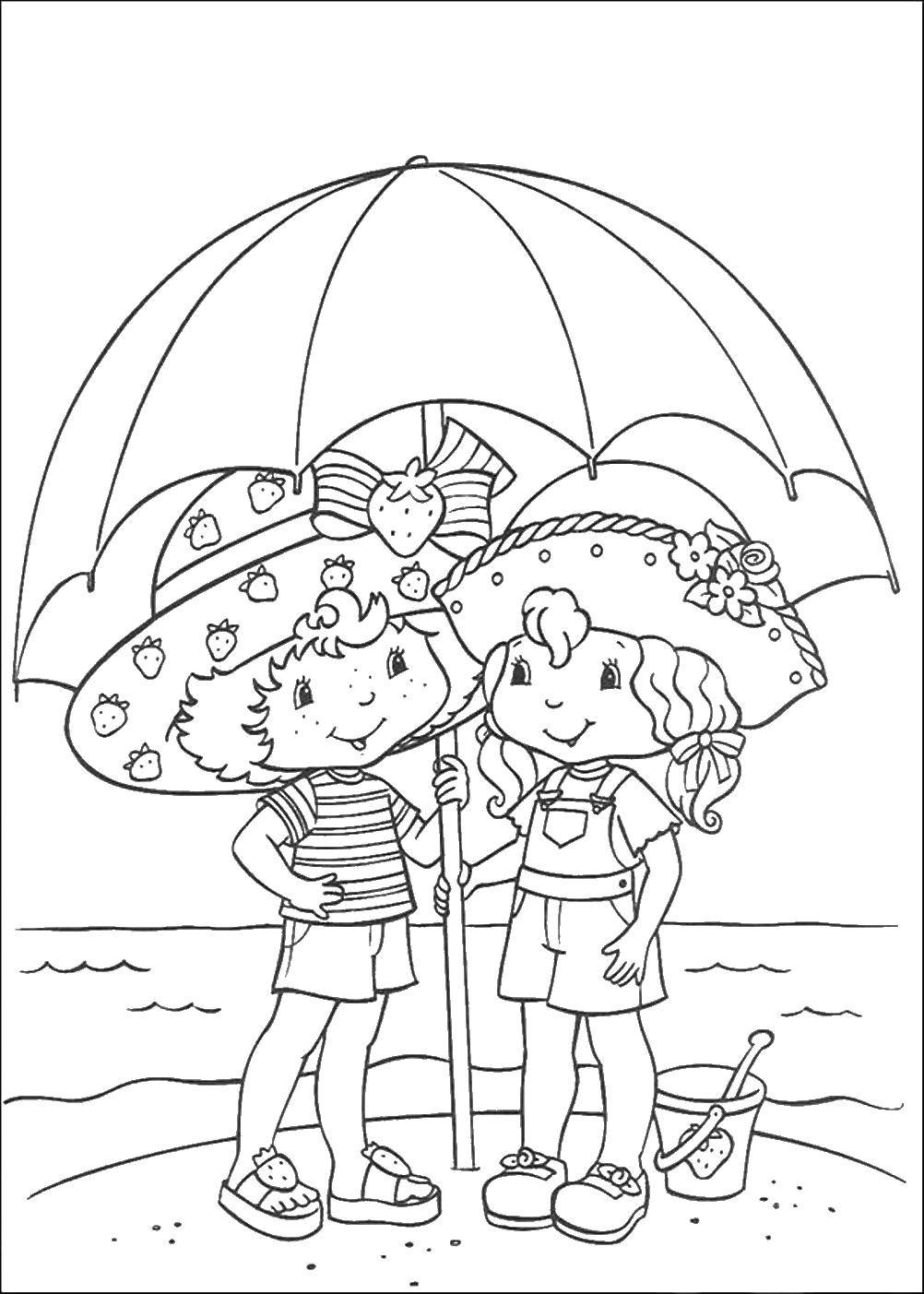 Coloring Girls under an umbrella on the beach. Category Summer fun. Tags:  Leisure, kids, water, fun.