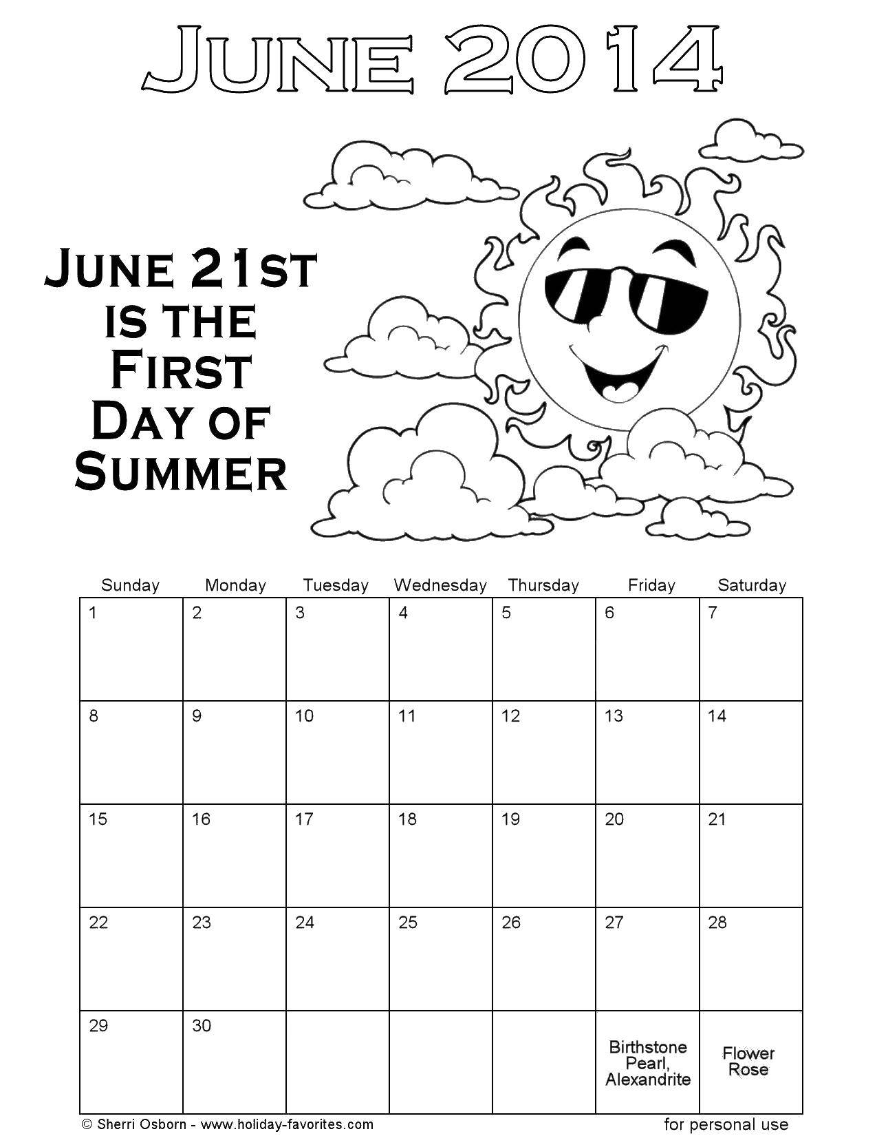 Название: Раскраска Летний календарь. Категория: Летние развлечения. Теги: календарь.