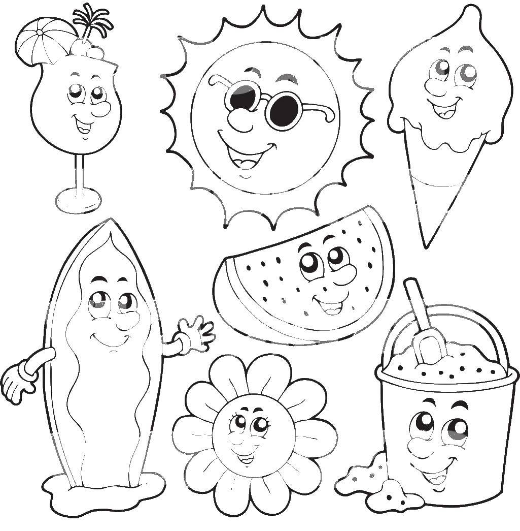 Coloring Summer. Category Summer fun. Tags:  summer, sun, beach, ice cream, fruit.