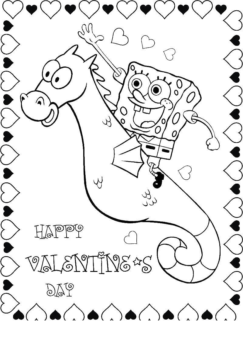 Coloring Spongebob riding a sea horse. Category Valentines day. Tags:  Valentines day, greetings.