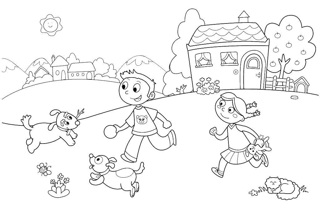Название: Раскраска Дети играют с животными. Категория: Летние развлечения. Теги: дети, животные, собаки, лето, отдых.