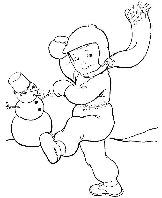 Название: Раскраска Мальчик играет в снежки. Категория: снег. Теги: снеговик, дети.