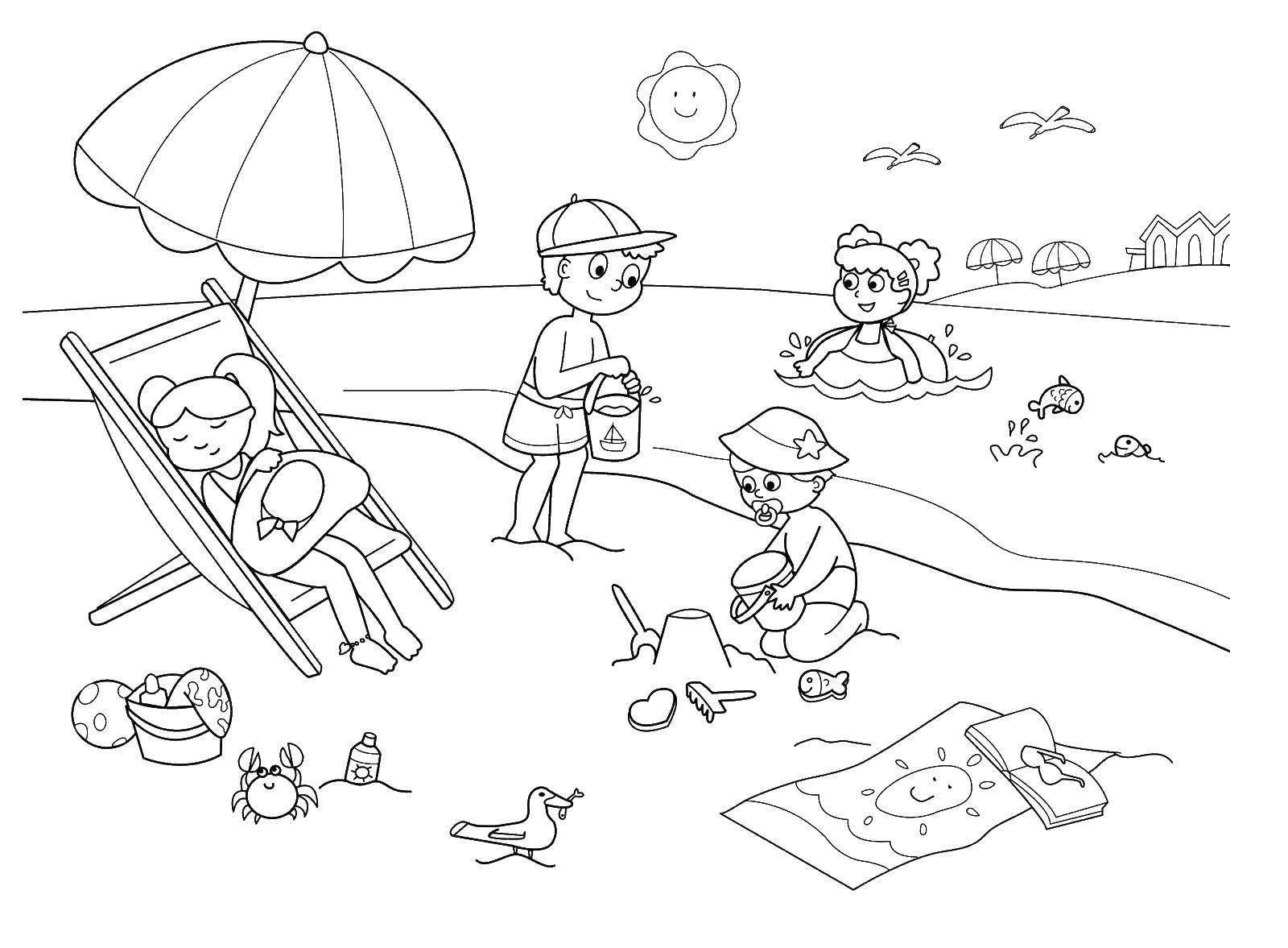 Название: Раскраска Дети на пляже. Категория: лето. Теги: лето, пляж, дети.