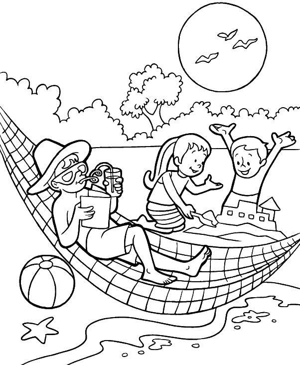 Название: Раскраска Дети отдыхают на пляже. Категория: Летние развлечения. Теги: лето, пляж, дети, гамак.