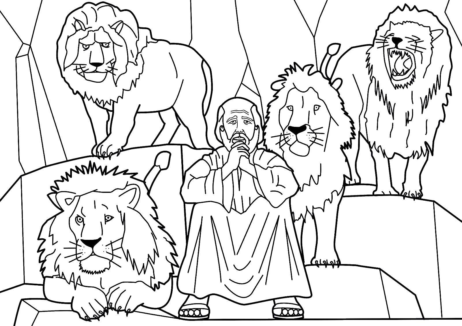 Название: Раскраска Иисус с львами. Категория: библия. Теги: иисус, библия.