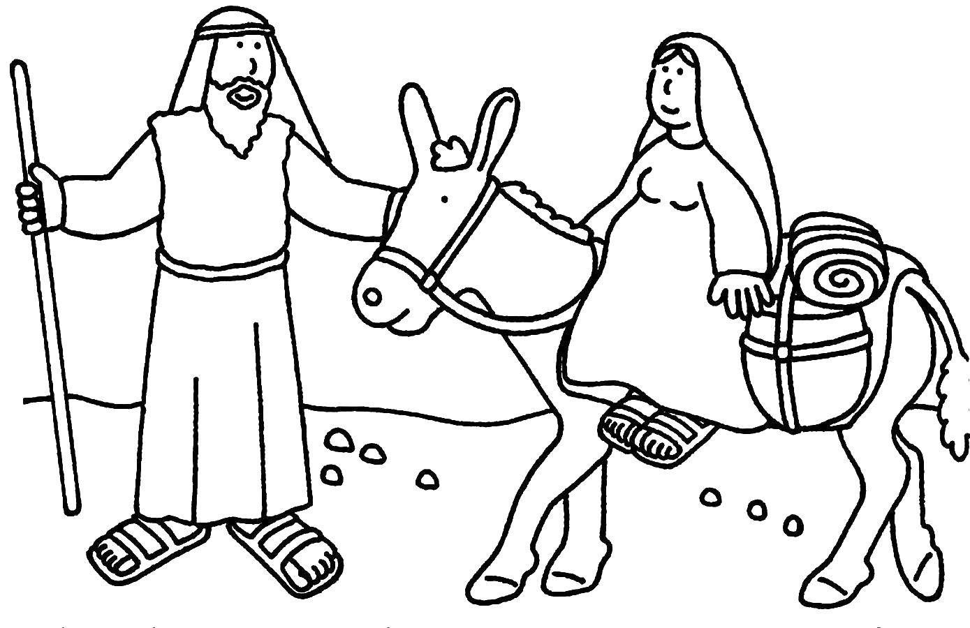 Coloring The mother of Jesus riding a donkey. Category the Bible. Tags:  the Bible, Jesus.