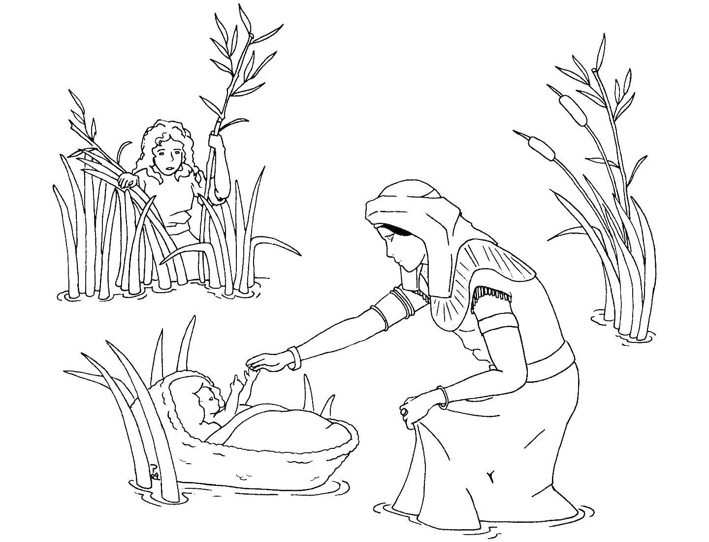 Название: Раскраска Мать положила моисея в корзину. Категория: религия. Теги: религи, мальчик, Моисей.