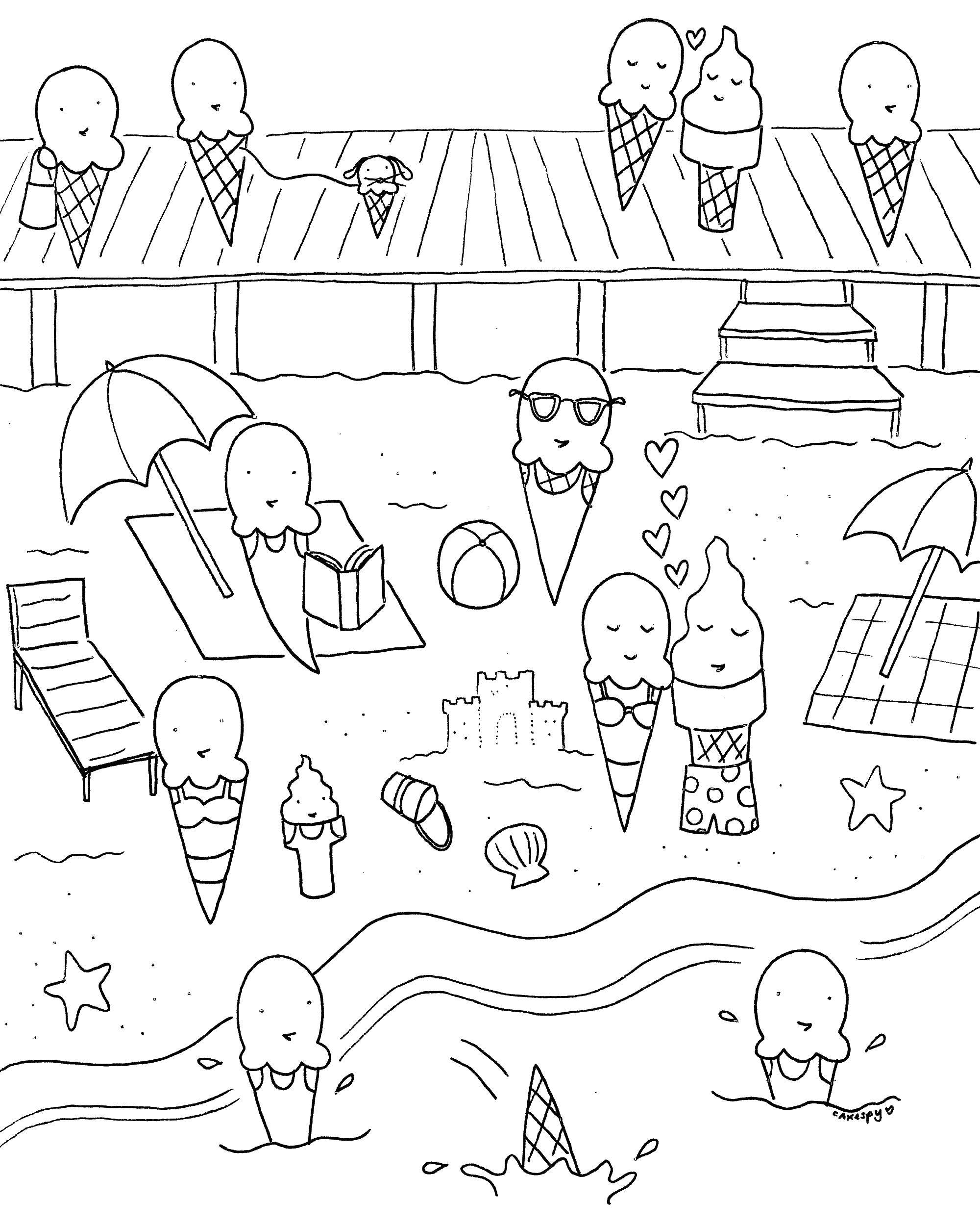 Название: Раскраска Мороженное на пляже. Категория: Летние развлечения. Теги: лето, мороженное, пляж, песок.