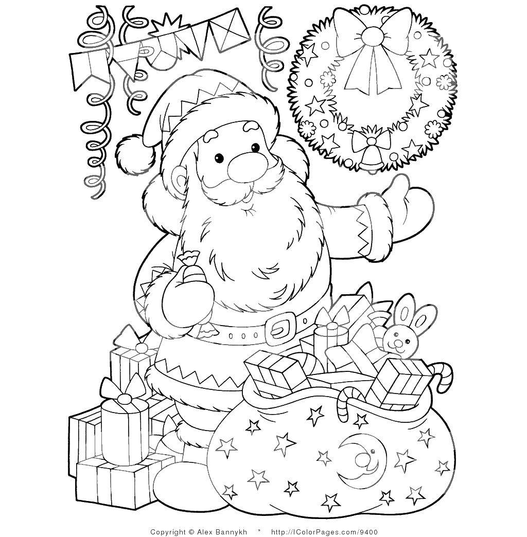 Название: Раскраска Санта клаус с подарками. Категория: рождество. Теги: рождество, подарки, новый год, Санта.