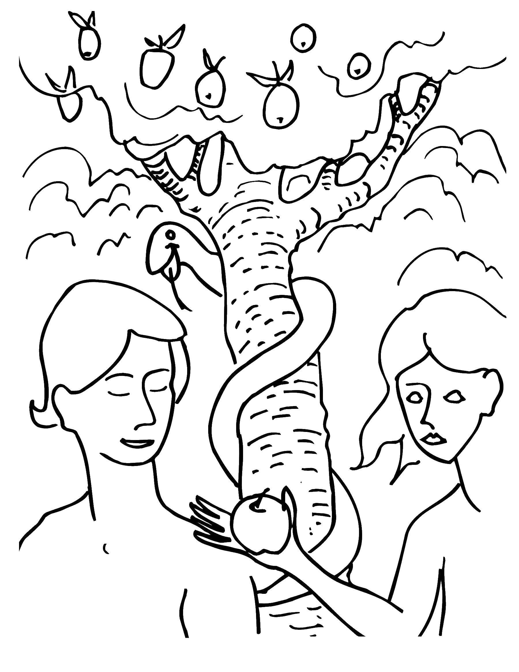 Название: Раскраска Адам и ева у запретного плода. Категория: адам и ева. Теги: адам, ева, мир, земля.