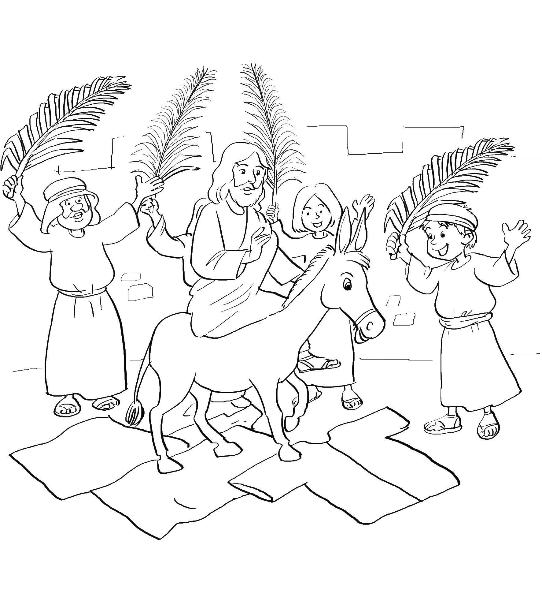 Coloring Jesus on a donkey. Category the Bible. Tags:  Jesus, donkey.