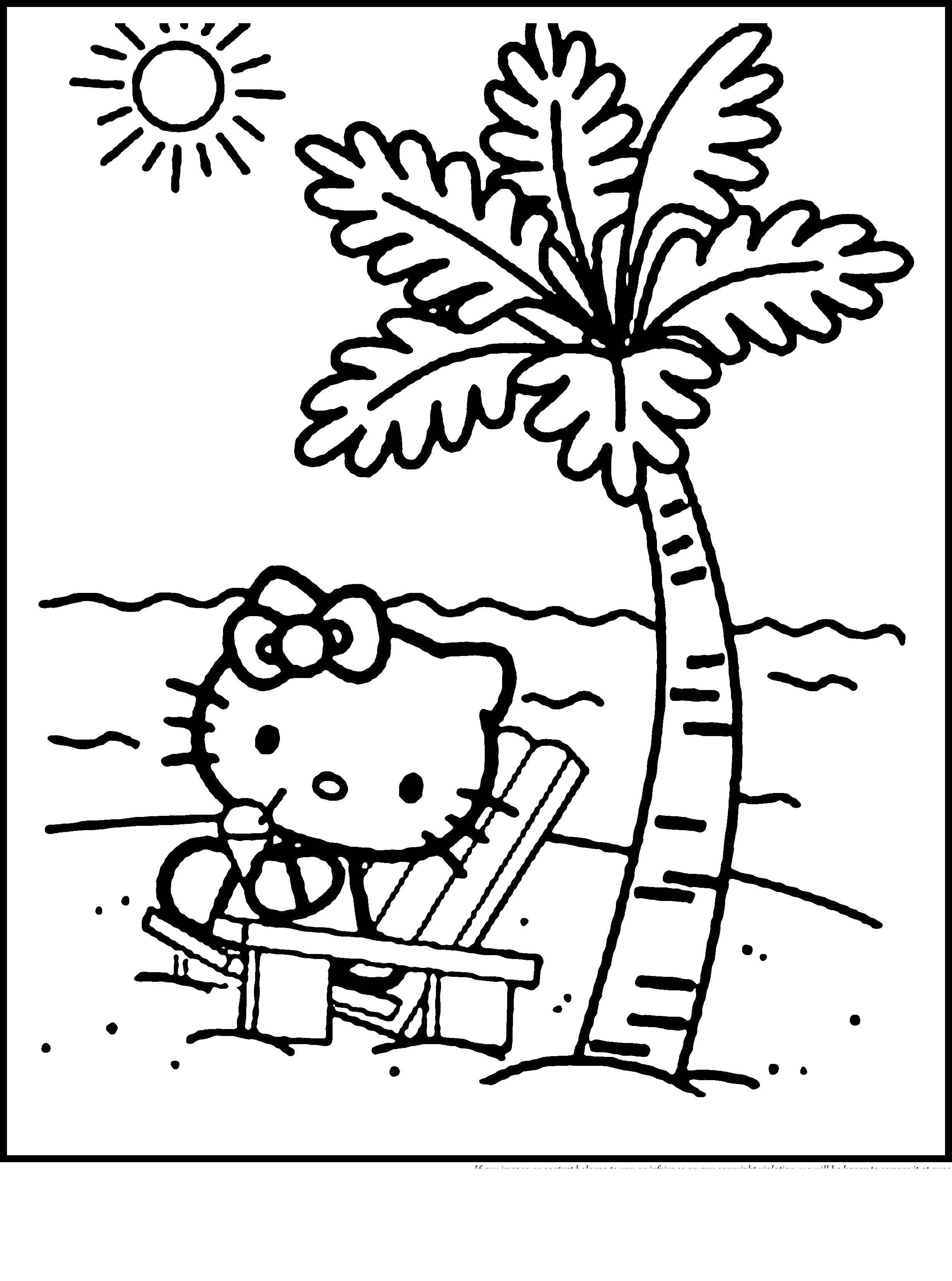 Название: Раскраска Китти кушает мороженое на пляже. Категория: Хэллоу Китти. Теги: Китти, пляж.