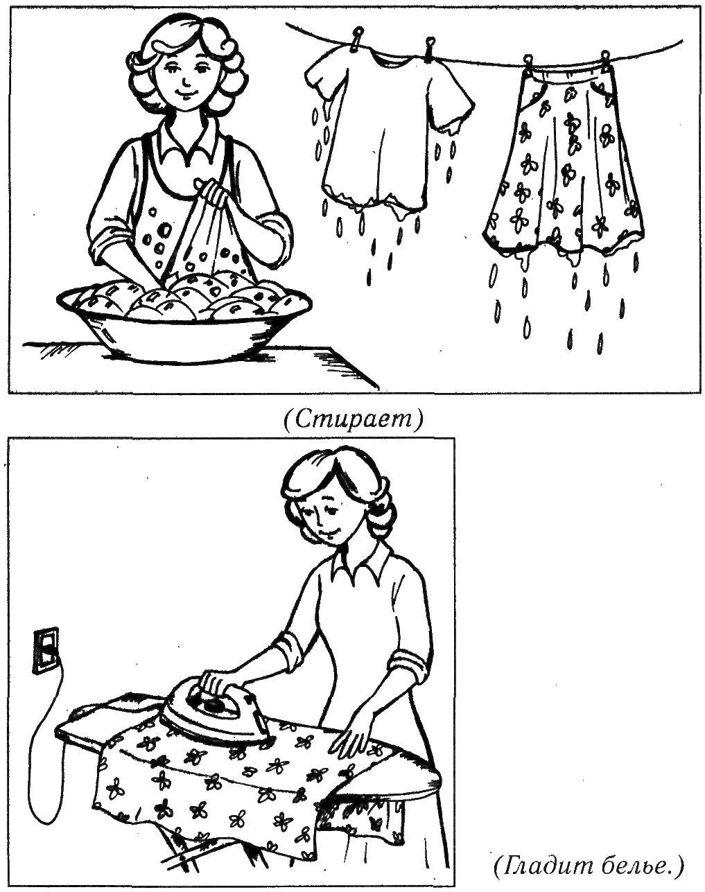Название: Раскраска Мама гладит и стирает белье. Категория: Люди. Теги: мама, глажка, стирка.