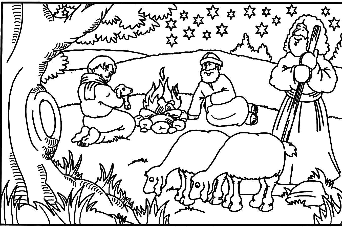Название: Раскраска Пастухи у огня. Категория: Люди. Теги: пастух, овца.
