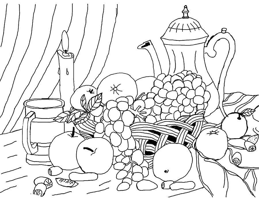 Название: Раскраска Стол с фруктами. Категория: кухня. Теги: Стол, фрукты.