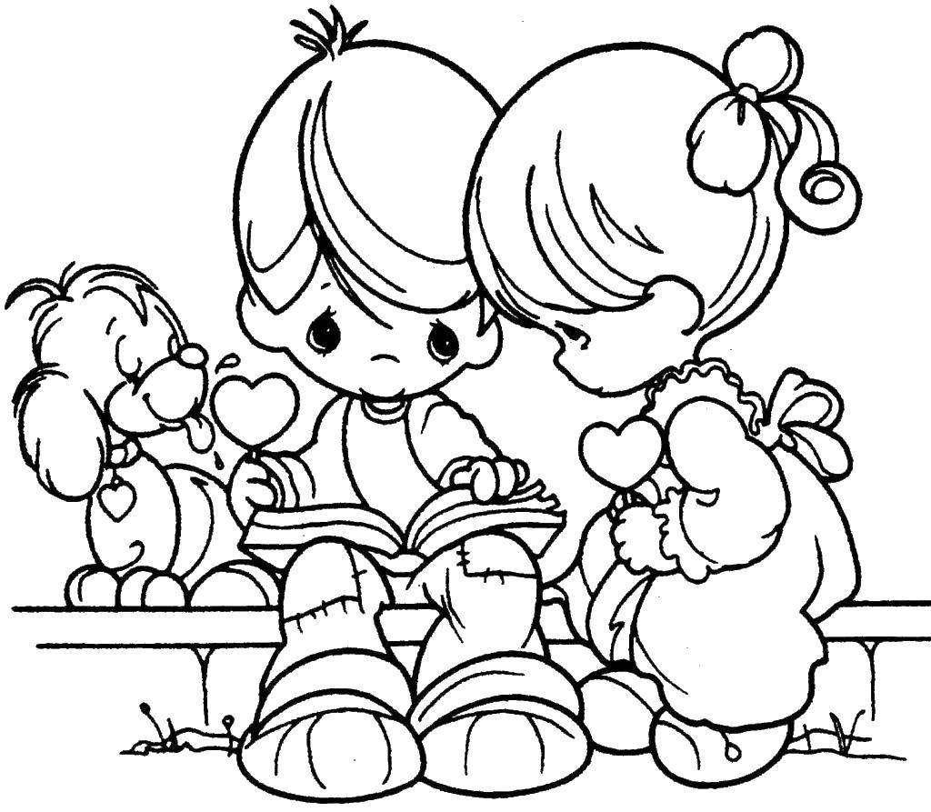 Название: Раскраска Дети читают книгу. Категория: день святого валентина. Теги: дети, книга, День святого валентина.