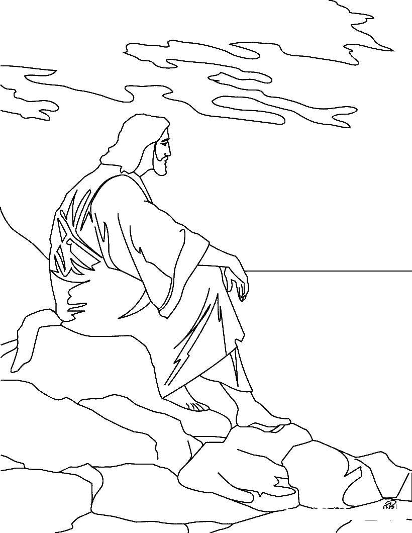 Название: Раскраска Иисус смотрит на воду. Категория: Религия. Теги: иисус, кресте.