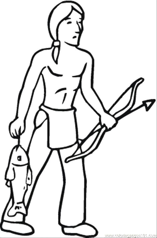 Название: Раскраска Индеец поймал рыбу. Категория: индейцы. Теги: индеец, рыба.