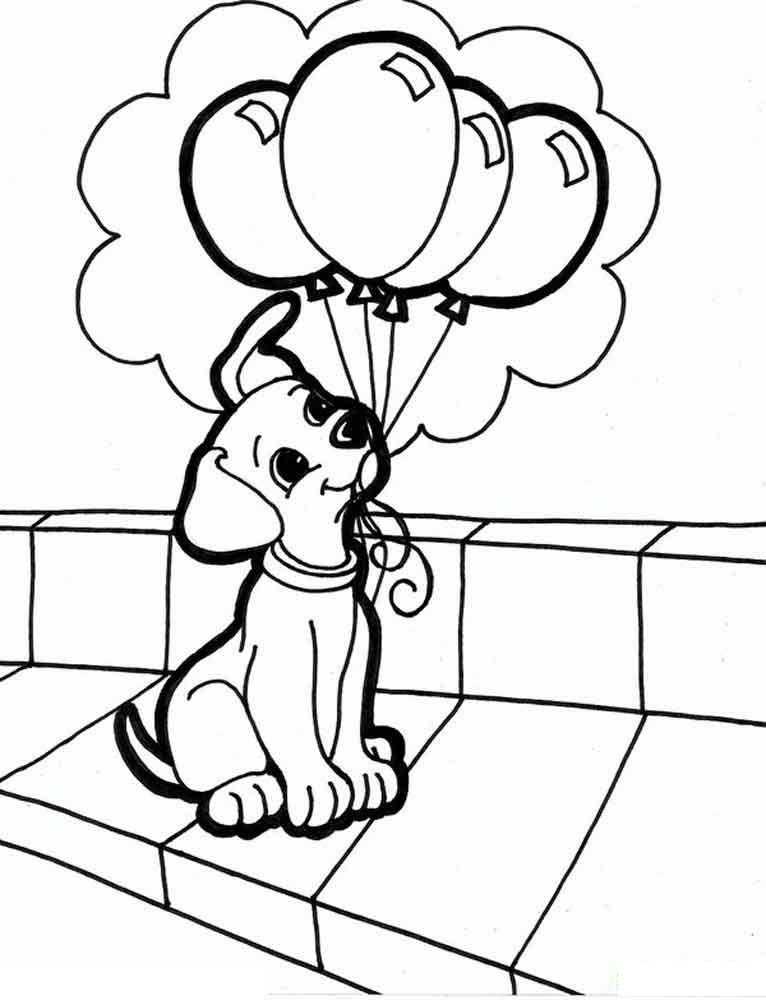 Название: Раскраска Щенок с шарами на лестнице. Категория: домашние животные. Теги: щенок, шары, лестница.
