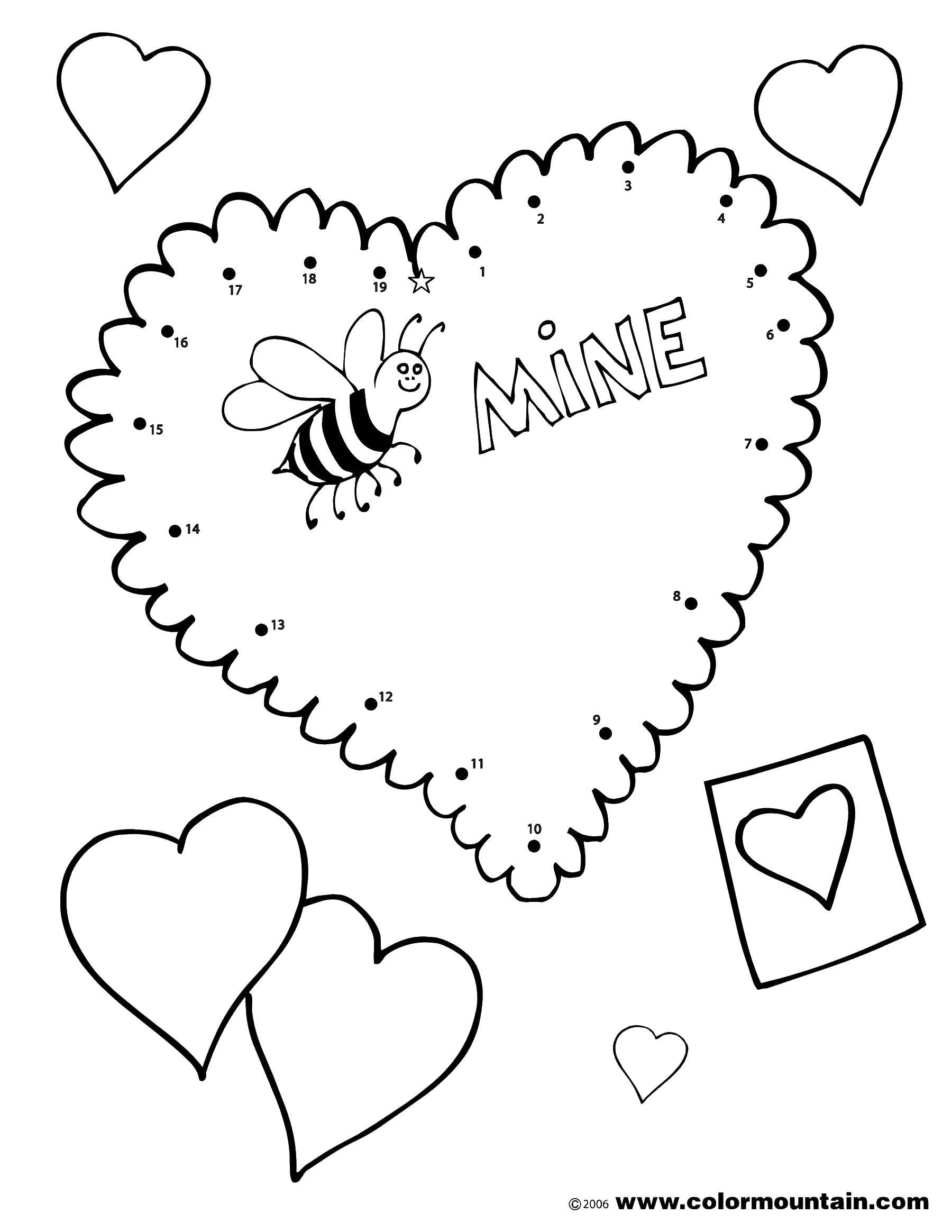 Coloring Heart bee. Category Valentines day. Tags:  heart, bee, card.
