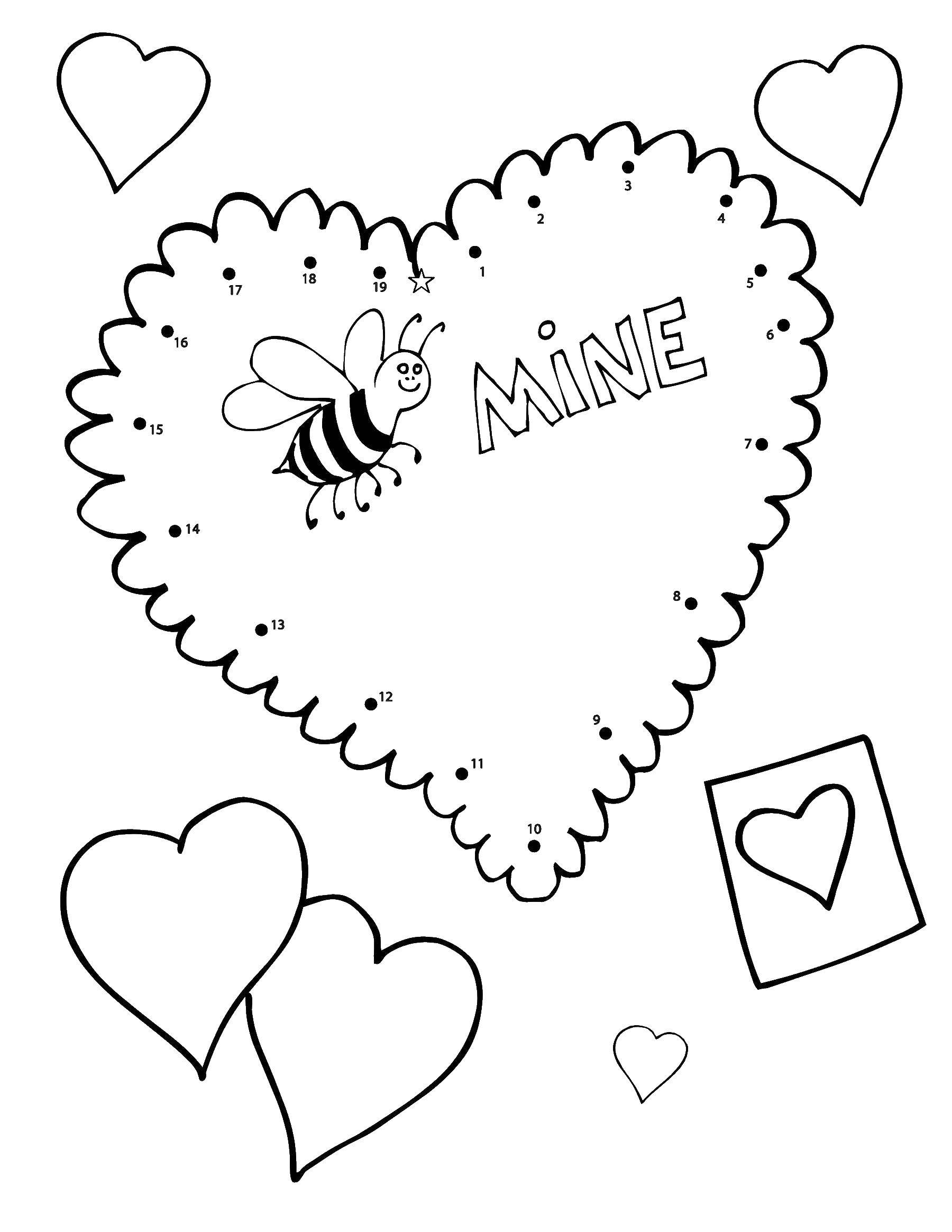 Coloring Heart bee. Category Valentines day. Tags:  heart, bee, card.
