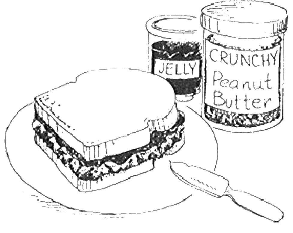 Розмальовки  Бутерброд з джемом. Завантажити розмальовку хліб, джем, ніж, тарілка.  Роздрукувати ,їжа,