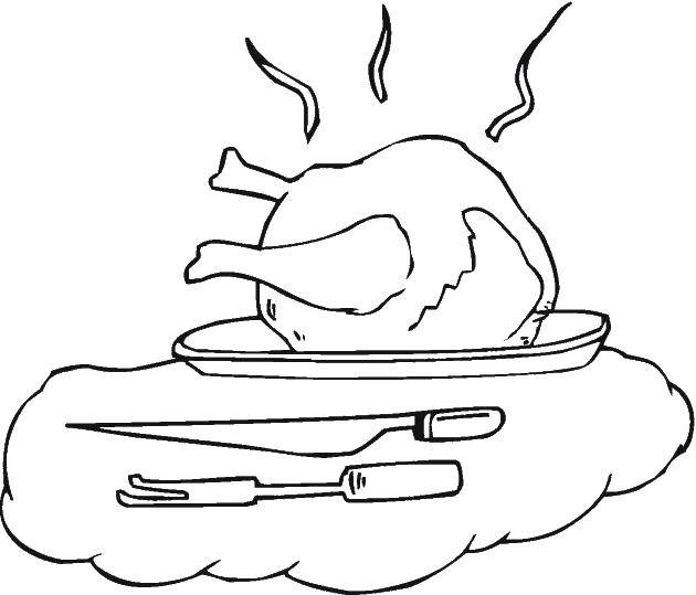 Опис: розмальовки  Індичка на тарілці. Категорія: страви. Теги:  індичка, тарілка, ніж, виделка.
