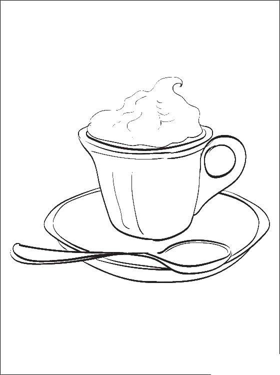 Название: Раскраска Чашка кофе. Категория: еда. Теги: кофе, кружка, ложка, крем.