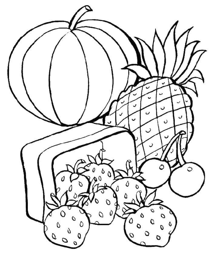 Название: Раскраска Фрукты и ягоды. Категория: еда. Теги: клубника, ананас, вишня.