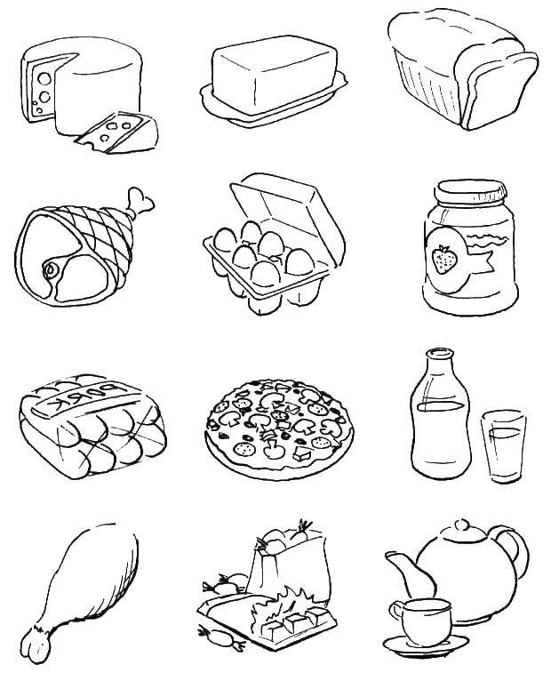 Название: Раскраска Продукты питания. Категория: продукты. Теги: яйца, молоко, хлеб, пицца.