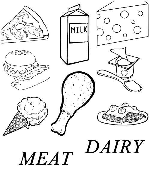 Название: Раскраска Разная еда. Категория: продукты. Теги: молока, сыр, мороженое, хот дог.